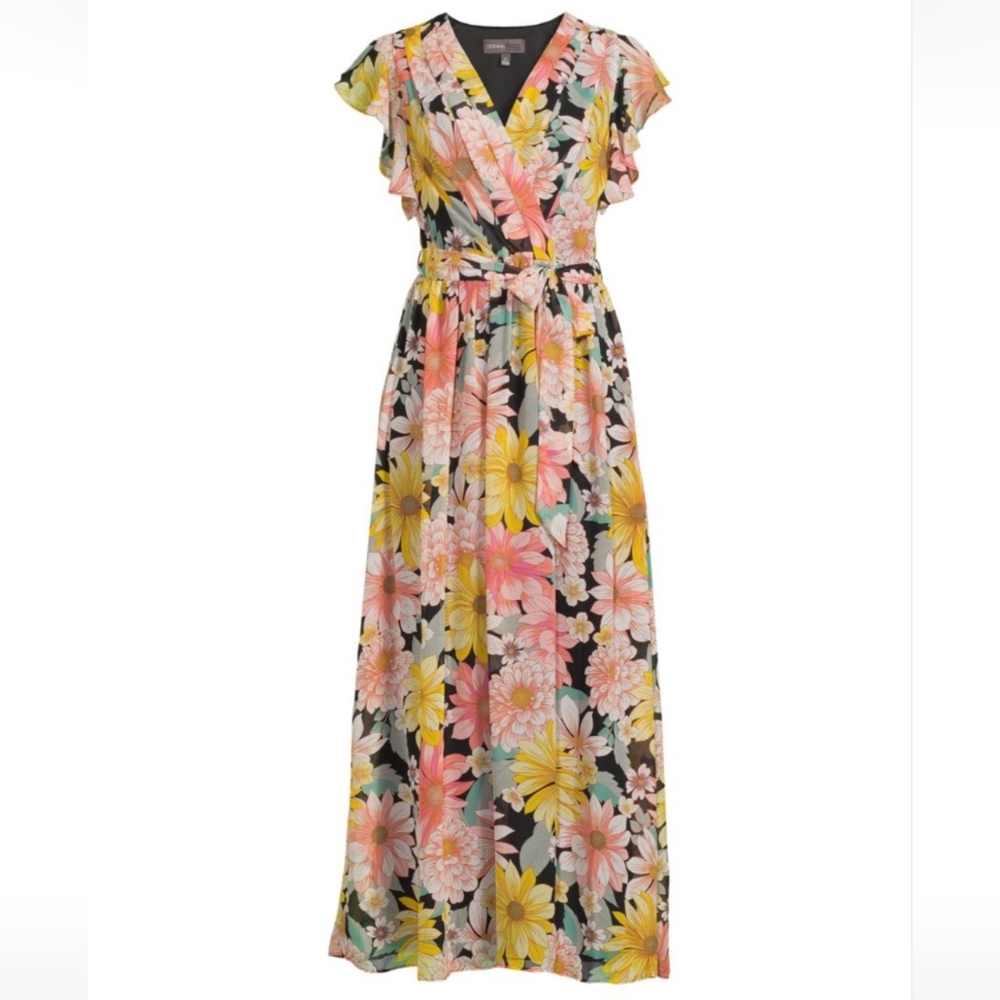 NWT Donna RiccoFlutter-Sleeve Printed Chiffon Maxi Dress Size 2